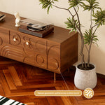 Load image into Gallery viewer, 78" Retro TV Stand Carved Geometric Pattern Solid Wood Cabinet Brass-Tipped Legs