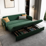 Load image into Gallery viewer, Green velvet sofa bed showing wood and metal frame close-up
