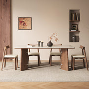 Modern Rectangular Dining Table with Sintered Stone Top and Walnut Wood Base