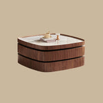 Load image into Gallery viewer, 34.7'' Modern Solid Wood Coffee Table with Marble Top Hidden Storage Rounded Minimalist Design