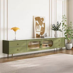 Load image into Gallery viewer, 70.87" Modern Green TV Stand with Gold-Ribbed Glass Doors & Storage Drawers