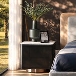 Load image into Gallery viewer, Modern Black Wood Nightstand with Faux Stone Top and Brushed Metal Base