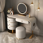 Load image into Gallery viewer, 47.2'' Modern Luxury Vanity Desk with Round Mirror Cream Finish Makeup Table with Storage Drawers and Gold Base with Stool
