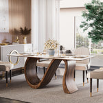 Load image into Gallery viewer, Walnut S-Base Marble-Effect Round Dining Table + White & Gold Circular-Accent Buffet Cabinet Set