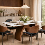 Load image into Gallery viewer, Modern Dining Table with Marble-Like Stone Top and Sculptural Wooden Base