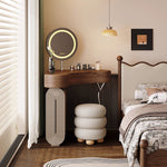 Load image into Gallery viewer, Modern Corner Vanity Desk with Mirror Walnut Finish Makeup Table with Storage Drawers with Stool