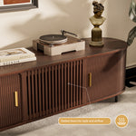 Load image into Gallery viewer, 70-inch tv stand with slatted doors and a turntable on top, featuring a decorative bust and books.