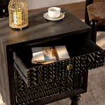 Load image into Gallery viewer, Modern Black Nightstand Wood Bedside Table Carved Door Storage Cabinet with Gold Handles