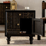 Load image into Gallery viewer, Modern Black Nightstand Wood Bedside Table Carved Door Storage Cabinet with Gold Handles