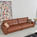 Load image into Gallery viewer, Modern Genuine Leather Sofa Warm Brown Upholstered Couch Three Seater Living Room Sofa with Wide Seat and Clean Lines