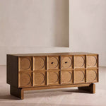 Load image into Gallery viewer, 62.99" Rustic Media Console with Circular Textured Doors and Concealed Storage and Cable Cutouts