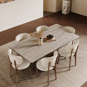 Walnut Tone Pedestal Dining Table with Travertine Sintered Stone Top