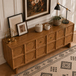 Load image into Gallery viewer, 62.99" Rustic Media Console with Circular Textured Doors and Concealed Storage and Cable Cutouts