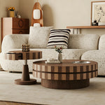 Load image into Gallery viewer, Modern Round Walnut Coffee Table Set Rotating Design Storage Drawer Stainless Steel Tray
