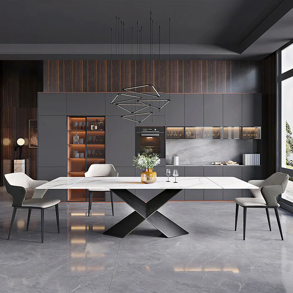 An exquisitely elegant living room arrangement featuring a dining table, a sideboard, and walls finished in a cohesive gray palette.