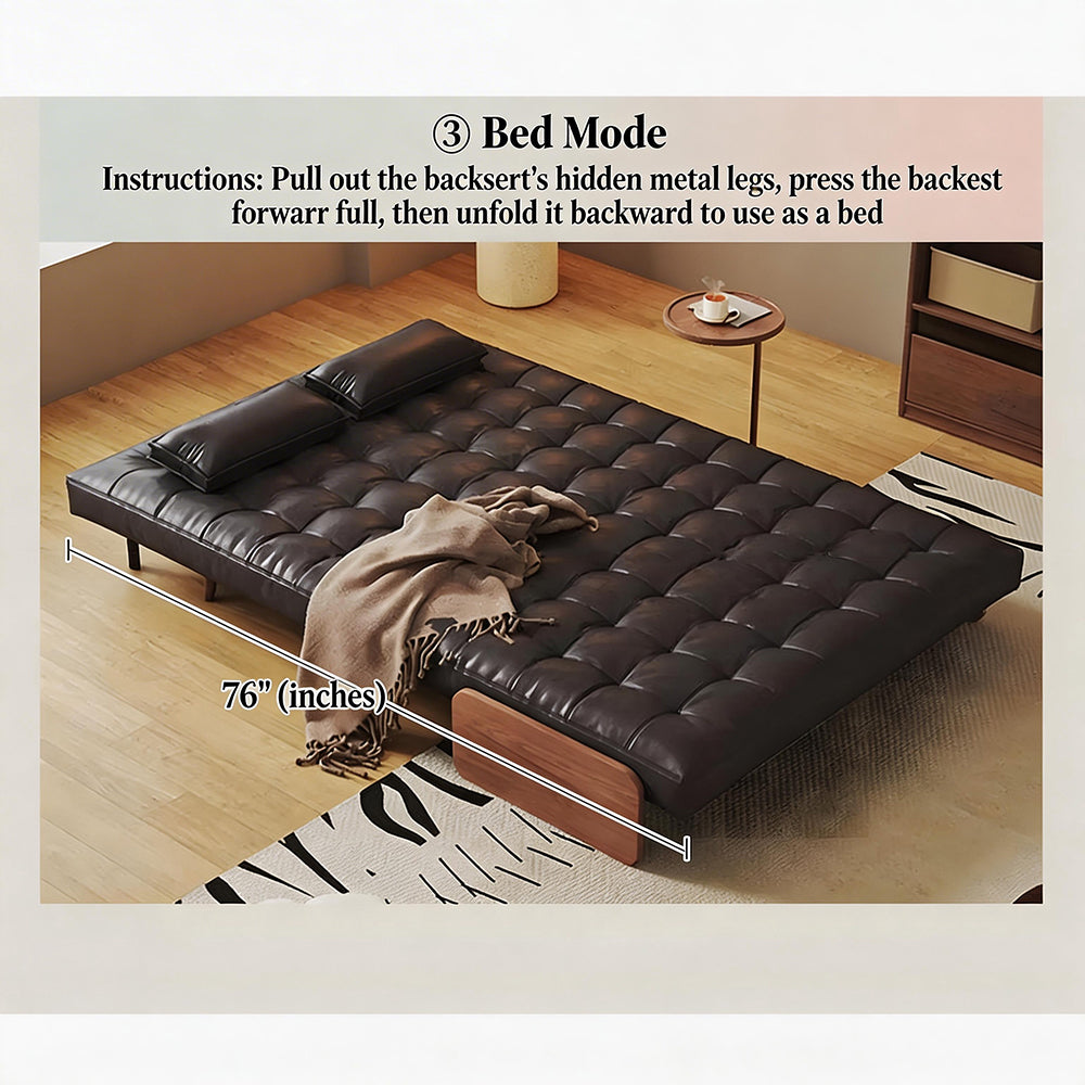 Modern Faux Leather Sofa Bed Convertible Sleeper Couch with Wood Armrests Tufted Design