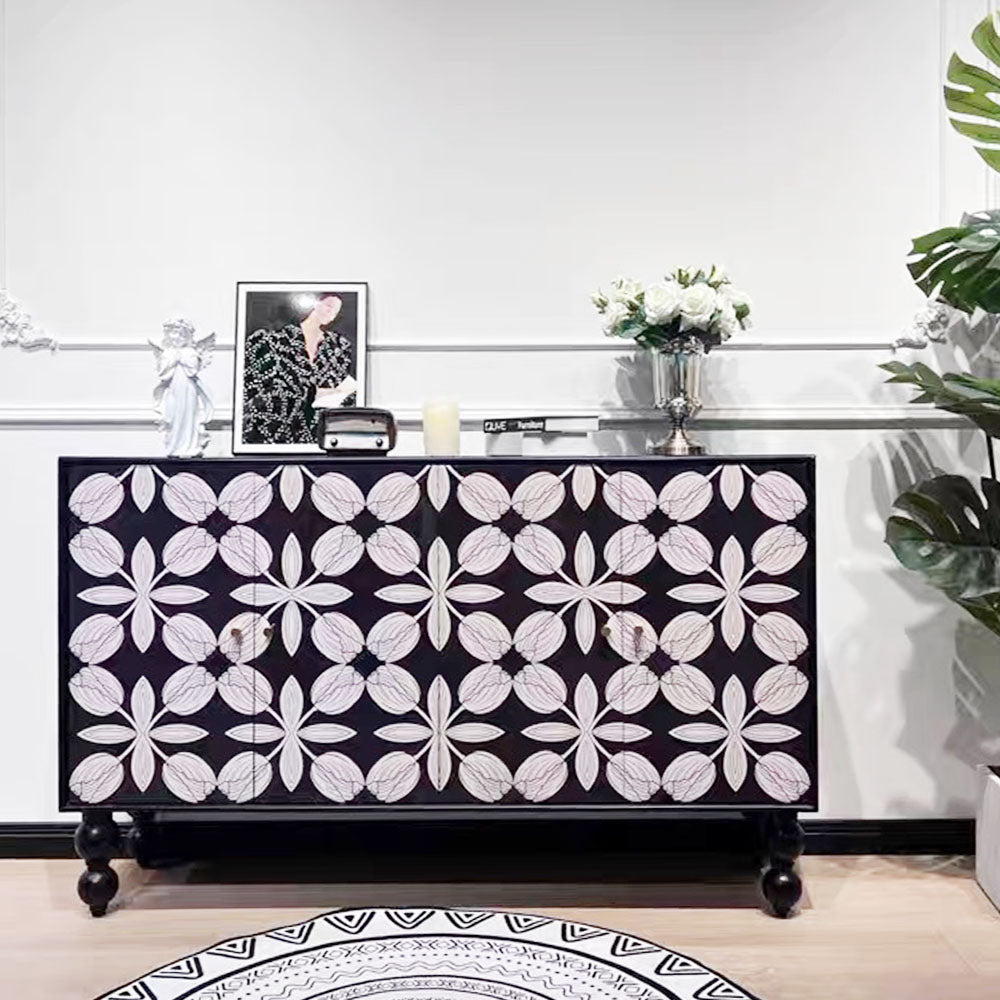 59'' Vintage Hand-Painted Sideboard Artistic Retro Buffet Cabinet with Bold Geometric Patterns