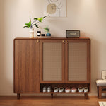 Load image into Gallery viewer, Mid-Century Rattan Shoe Cabinet with 2 Doors Walnut Wood Entryway Storage Organizer with Open Shelf
