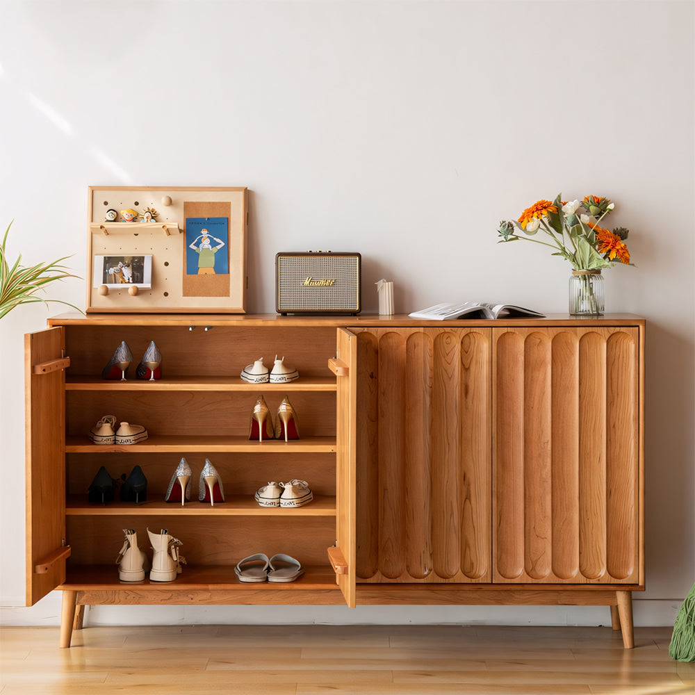 62.9" Modern Solid Wood Shoe Cabinet with Fluted Front Panels Scandinavian Style Entryway Storage Sideboard