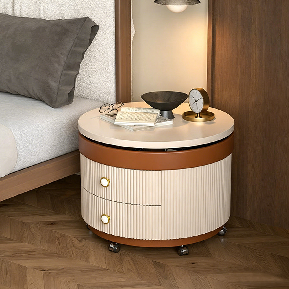 Modern Round Side Table with Hidden Storage and Drawers on Wheels