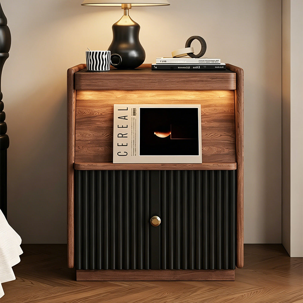 Modern Walnut Nightstand with Fluted Cabinet Door and Open Storage Shelf
