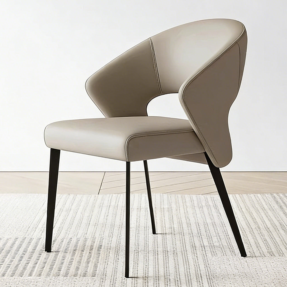 2PCS Modern Curved Upholstered Dining Chair Leather Accent Armchair with Black Metal Legs