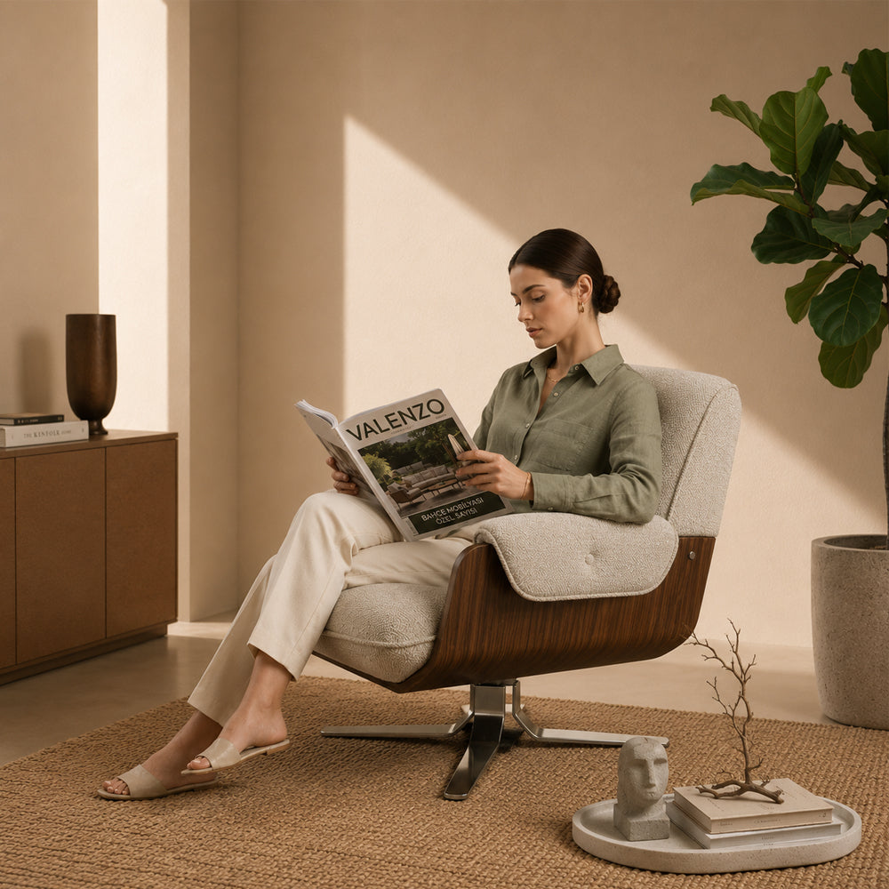 Cream Tufted Fabric Swivel Lounge Chair with Walnut Frame