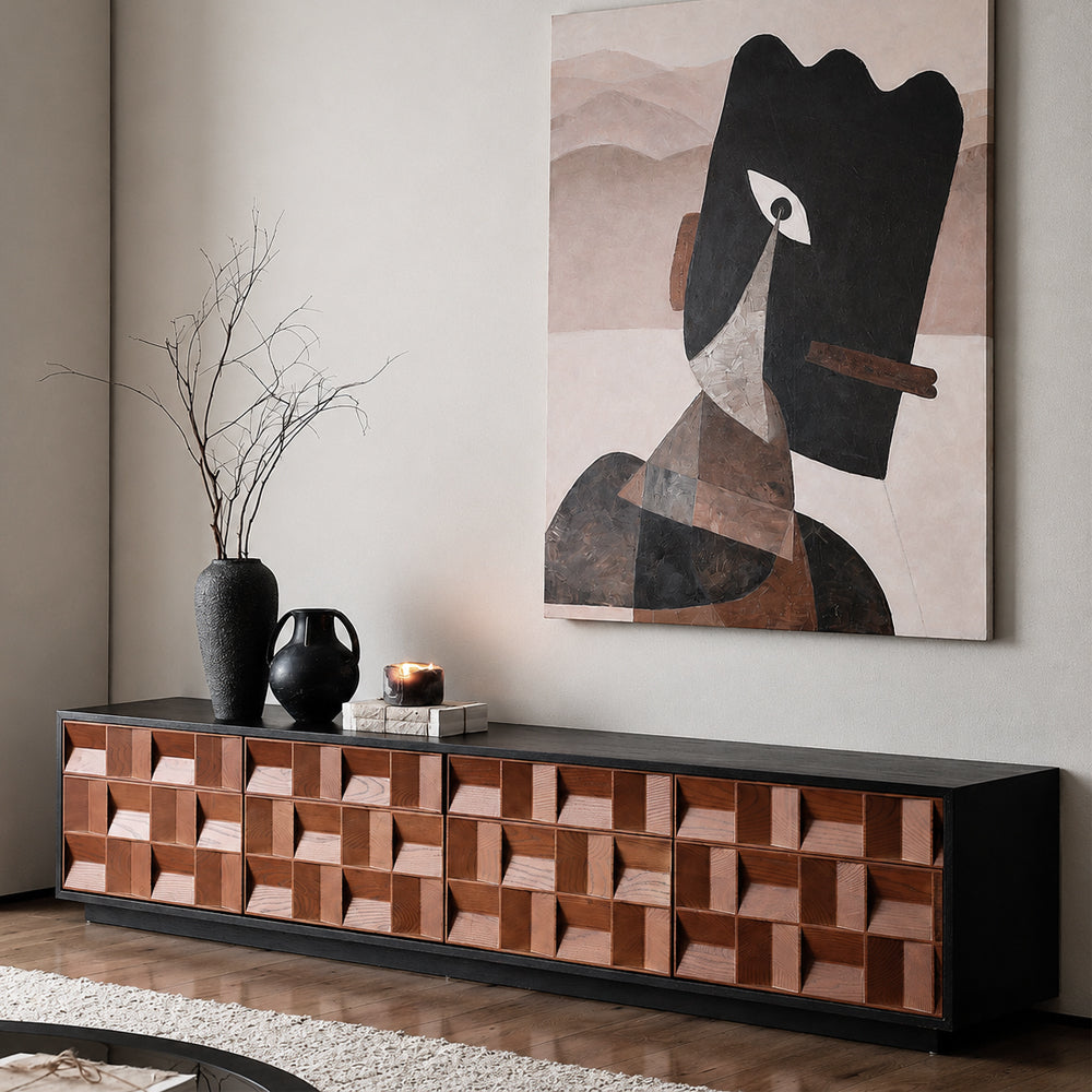 86.6'' Geometric 3D Pattern Walnut TV Stand Cabinet With Drawers