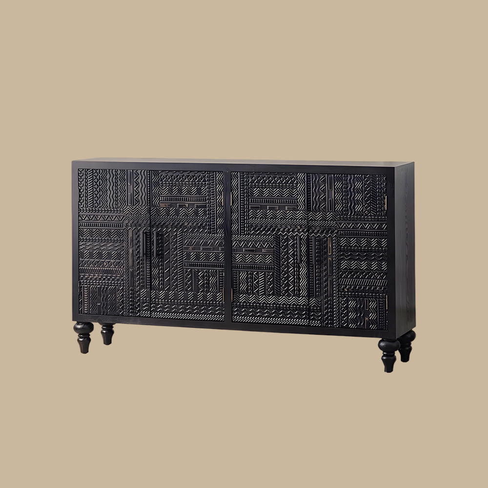 61.4'' Black Textured Sideboard Cabinet with Decorative Carved Doors