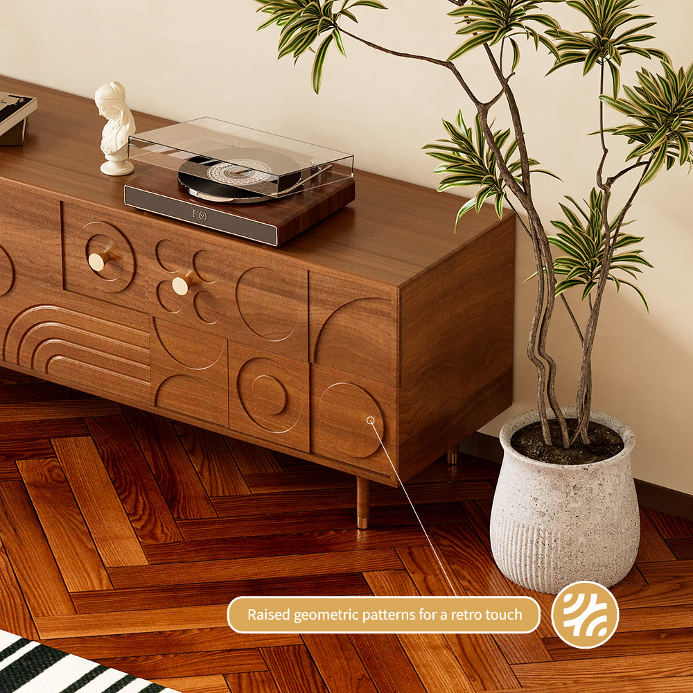 78" Retro TV Stand Carved Geometric Pattern Solid Wood Cabinet Brass-Tipped Legs