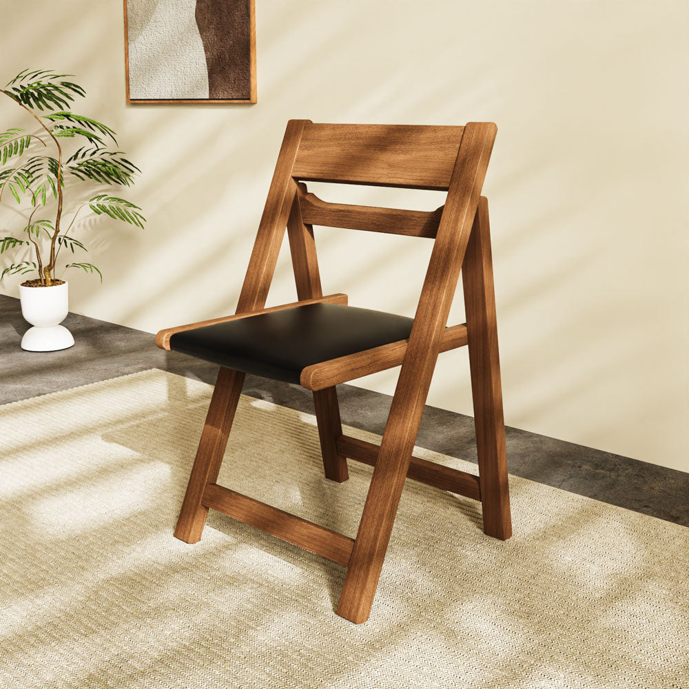 4PCS Folding Chair Solid Wood with Black Leather Seat Space-Saving Durable Elegant Design