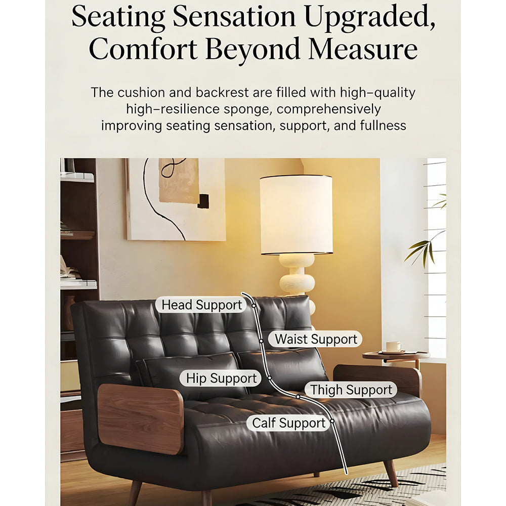 Modern Faux Leather Sofa Bed Convertible Sleeper Couch with Wood Armrests Tufted Design