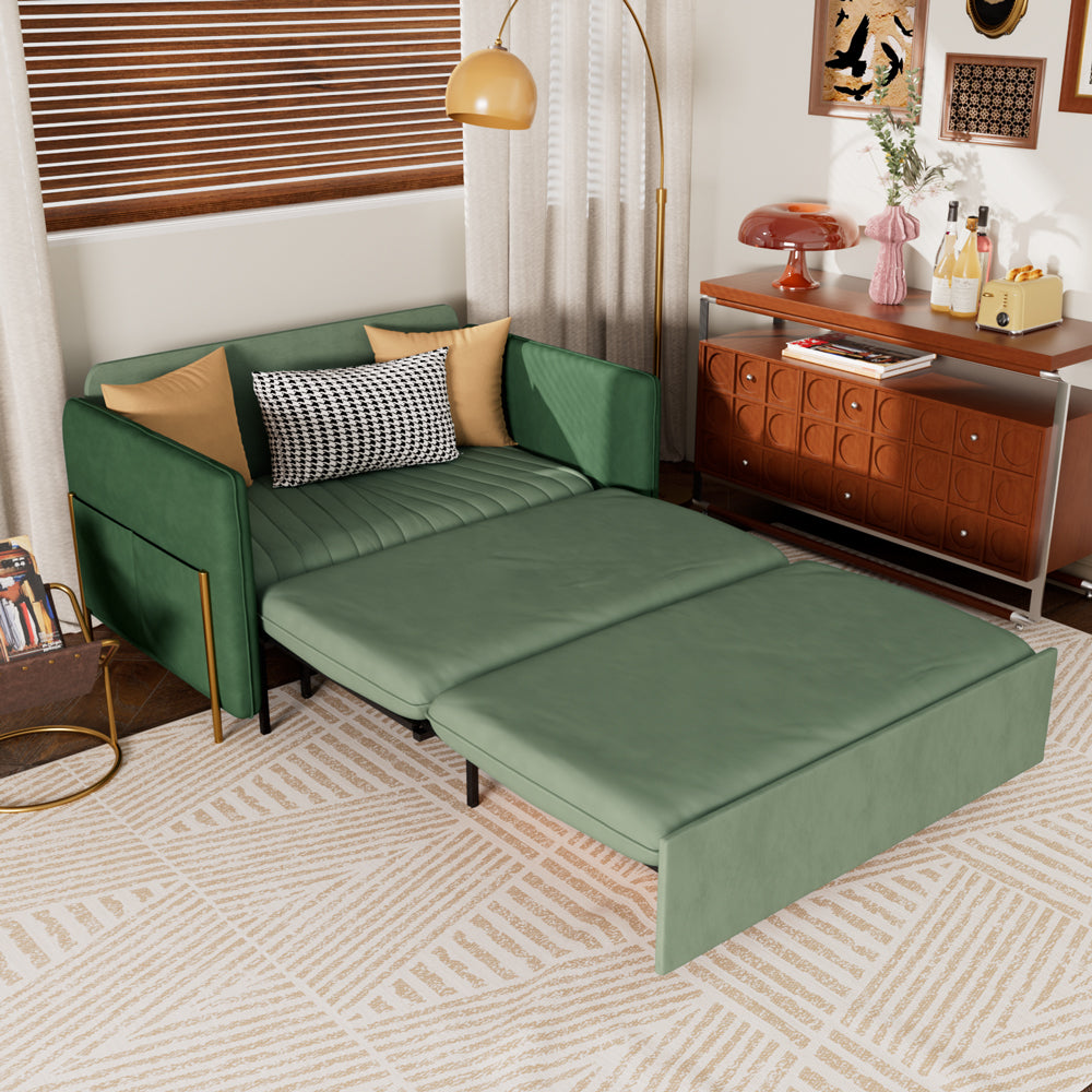 Convertible sofa bed with storage drawer pulled out