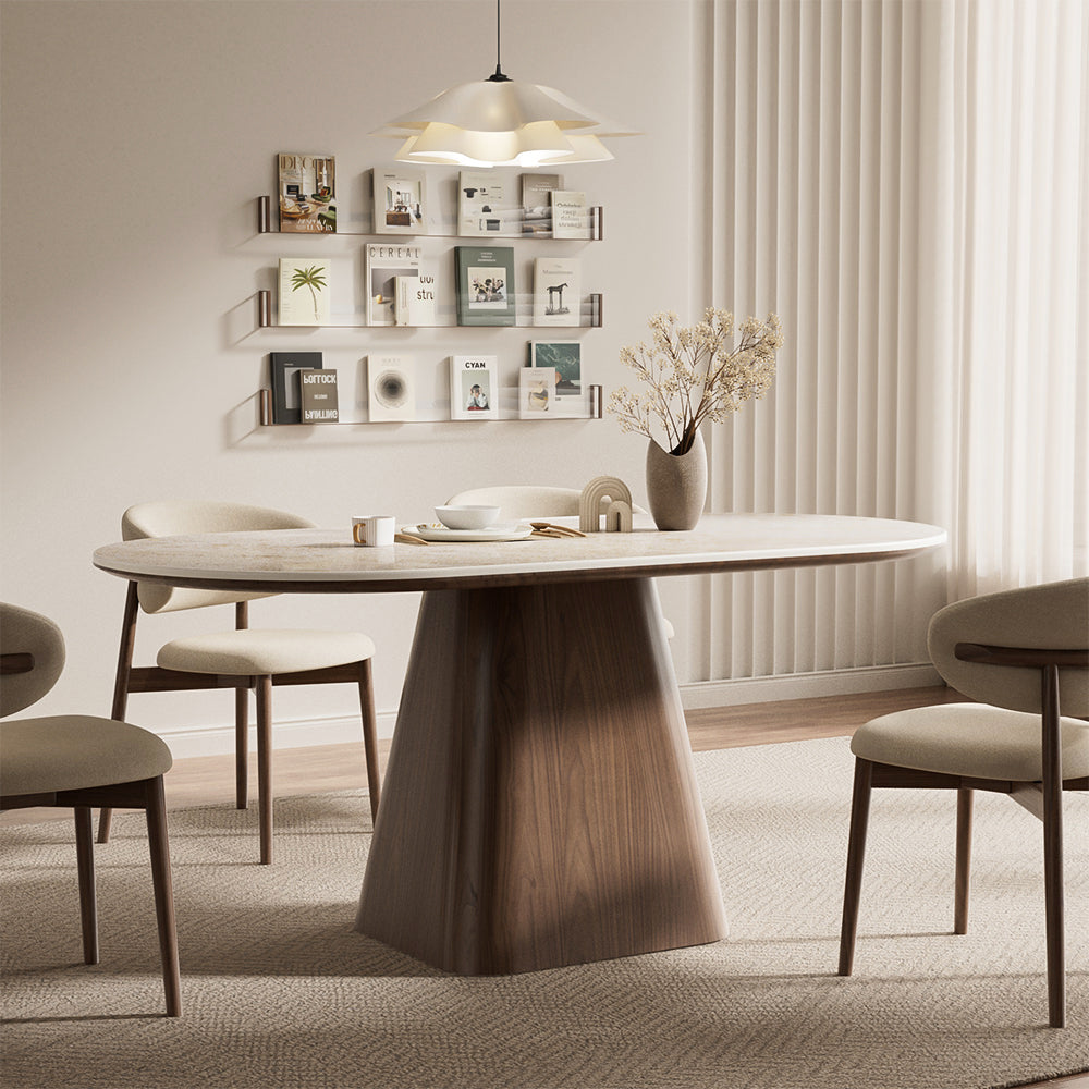 Oval Dining Table Solid Wood Walnut Veneer Base Scratch Resistant Sintered Stone Top Modern Stylish Design