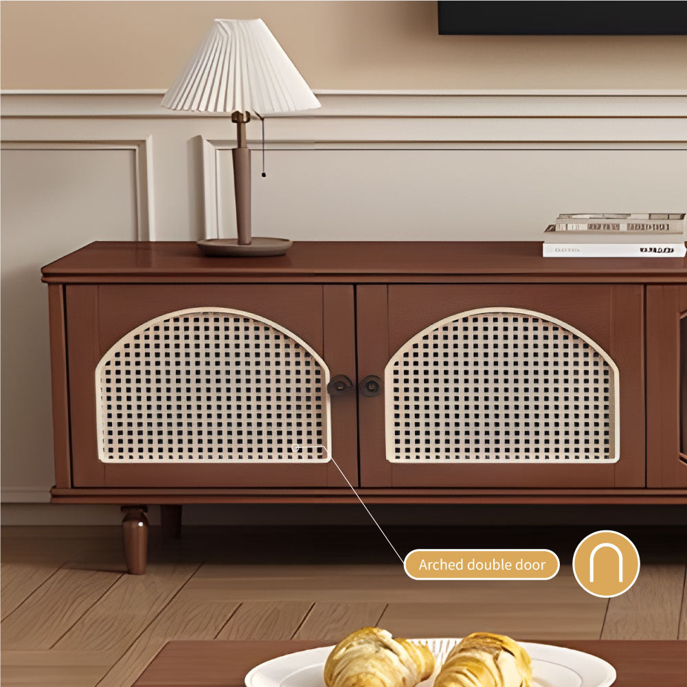 Mid-Century Modern TV Cabinet Cane and Ribbed Glass Design Elegant Wooden Entertainment Center