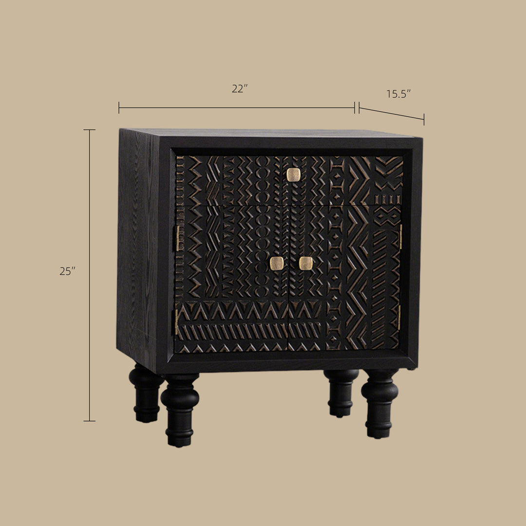 Modern Black Nightstand Wood Bedside Table Carved Door Storage Cabinet with Gold Handles