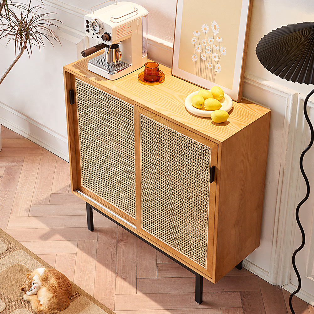 39" Modern Rattan Sideboard 2-Door Natural Wood Buffet Cabinet with Metal Legs