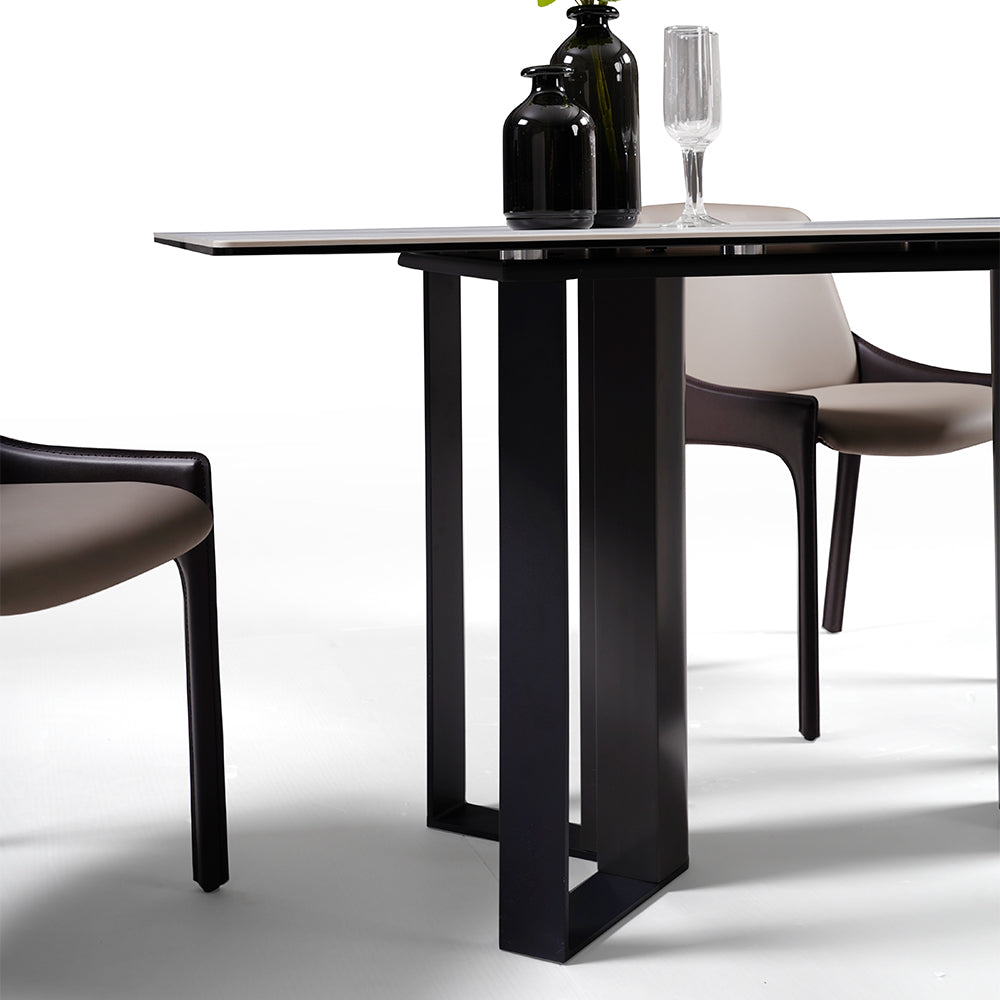Modern White Sintered Stone Dining Table with Black Geometric Carbon Steel Base