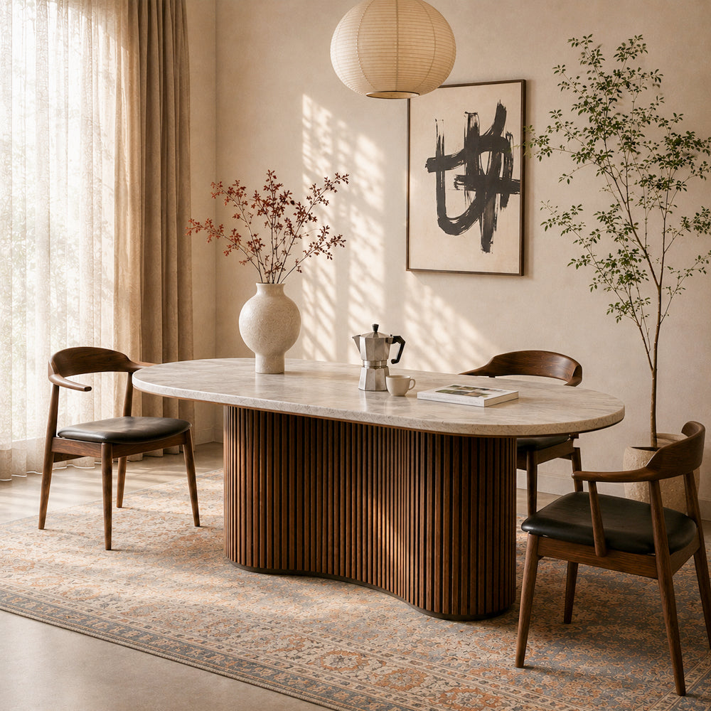 Sculptural Fluted Base Oval Dining Table with Sintered Stone Top