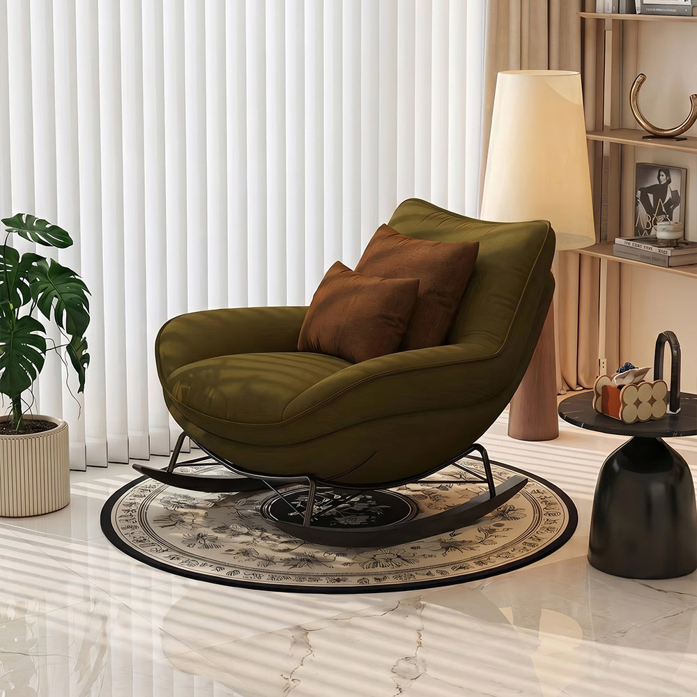 Modern Rocking Lounge Chair Upholstered Fabric Accent Chair with Curved Design and Metal Base