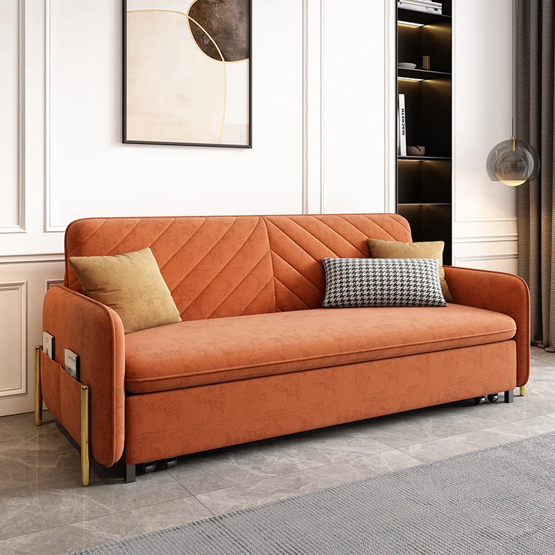 Convertible sofa bed transitioning from sofa mode to flat bed mode