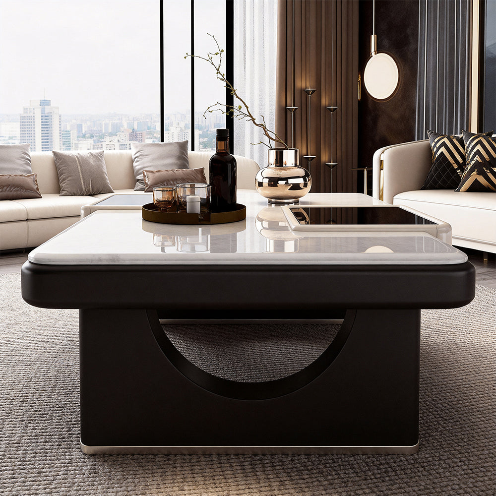 Modern Luxury Coffee Table with Marble Pattern Top and Black Accent Surface