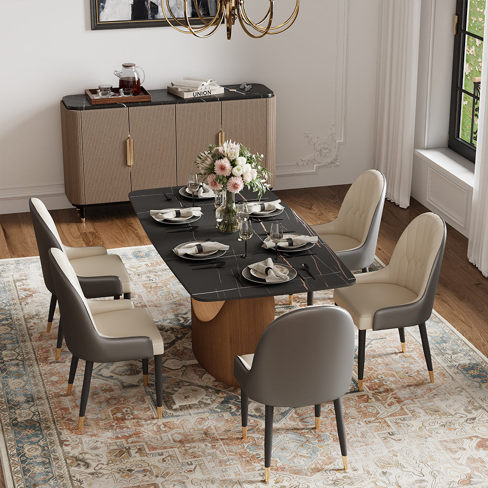 Modern Luxe Dining Set: Matte-Black Sintered Stone Dining Table & Gray-Gold Sideboard Ensemble