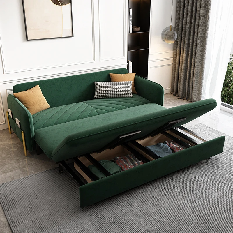 Green velvet sofa bed showing wood and metal frame close-up