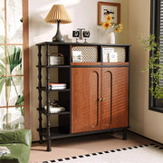 Modern Wooden Shoe Cabinet Entryway Storage with Woven Accent Doors & Open Side Shelves Multifunction Hallway Organizer