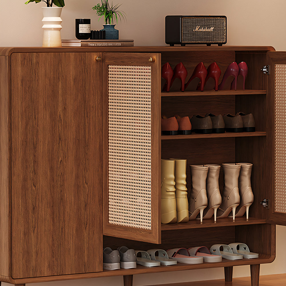 Mid-Century Rattan Shoe Cabinet with 2 Doors Walnut Wood Entryway Storage Organizer with Open Shelf