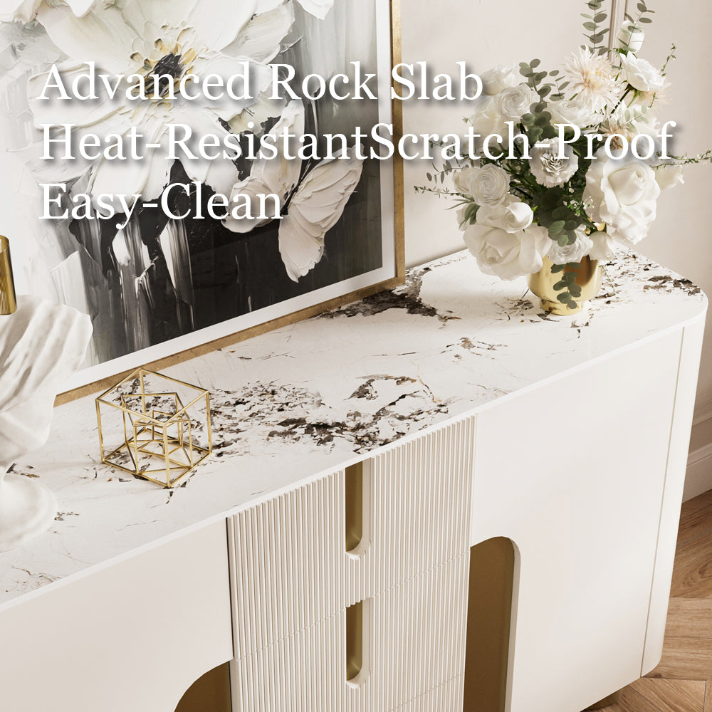 Sideboard Cabinet Modern Minimalist Ribbed Drawers Golden Base Marble Top Storage Unit