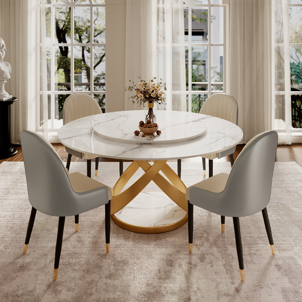 Round Dining Table Lazy Susan Marble Effect X Metal Base Perfect for 4-6 People