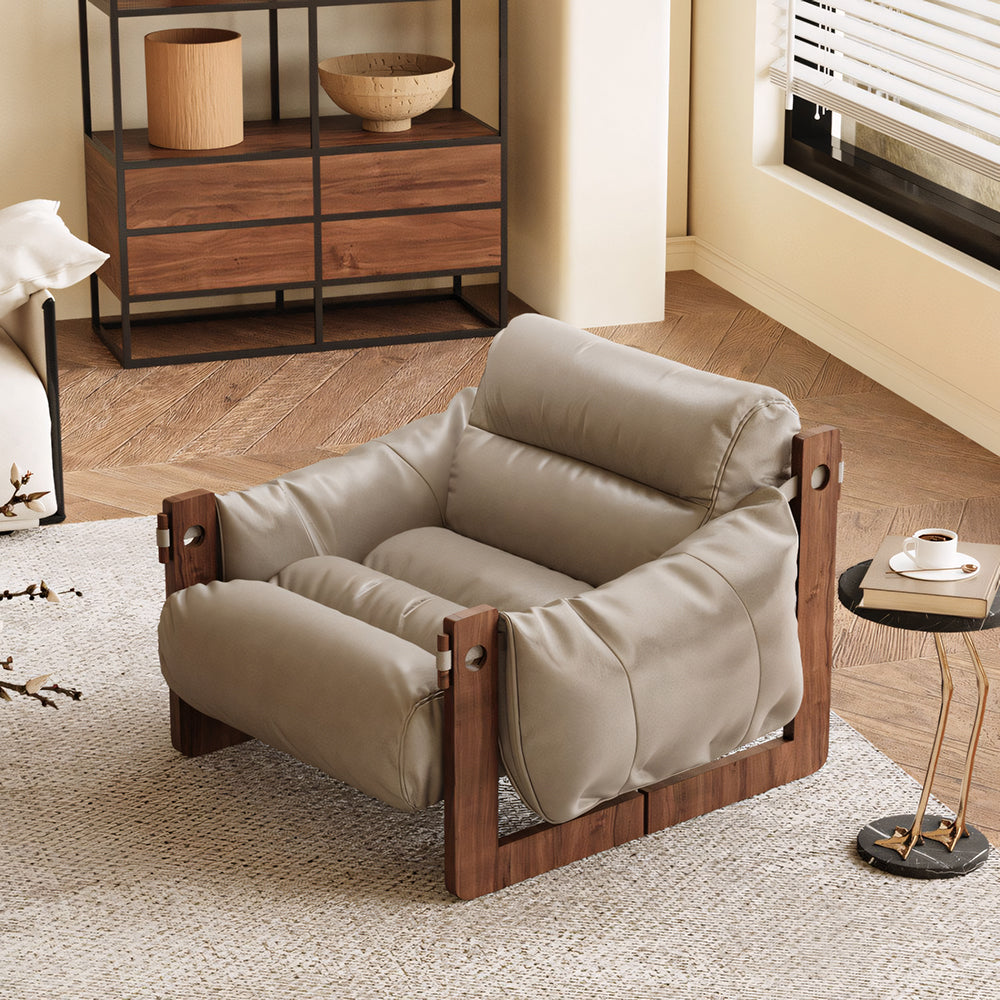 Modern Oil Waxed Leather Lounge Chair Solid Wood Frame Deep Seat Vintage Accent Armchair