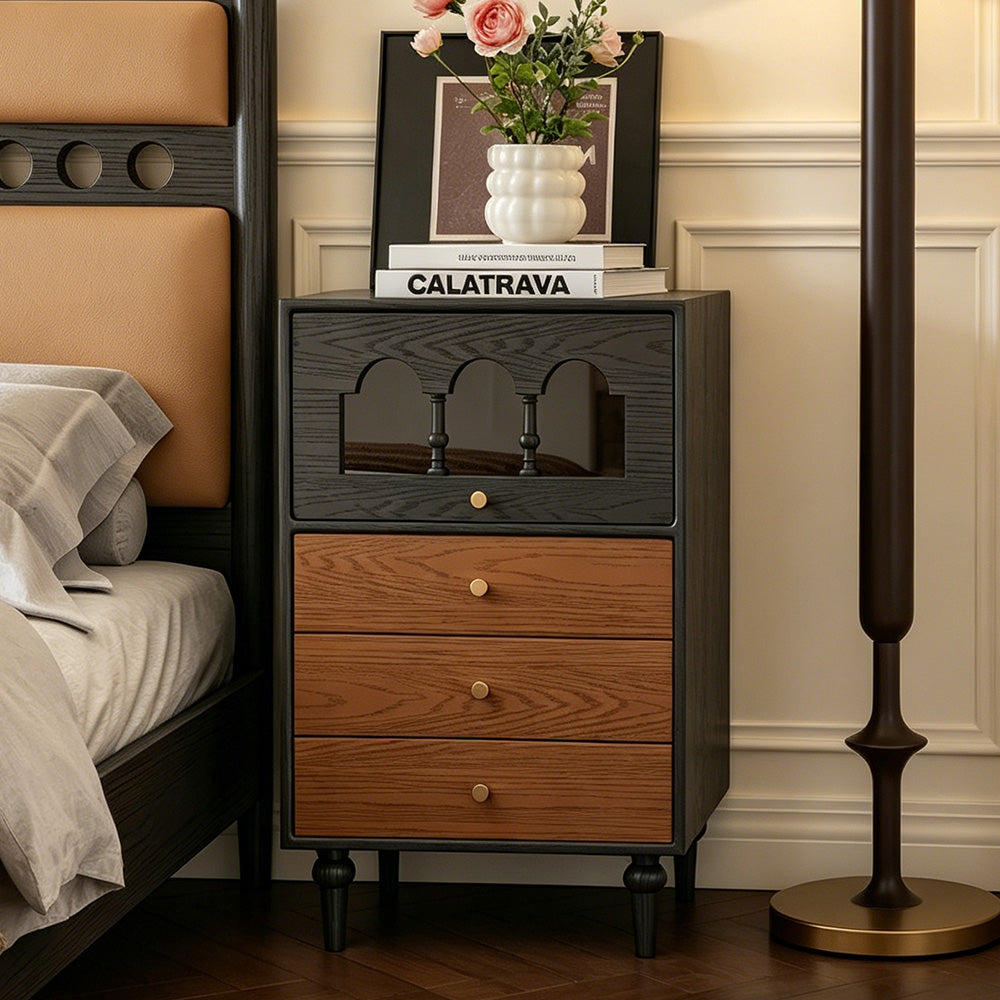 Modern Walnut Nightstand with Mirrored Drawer Mid Century Bedside Table